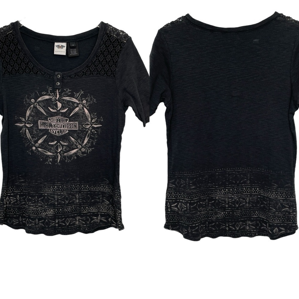 Genuine Harley Davidson Black Cotton Top Front Logo Crochet Shoulders Size M